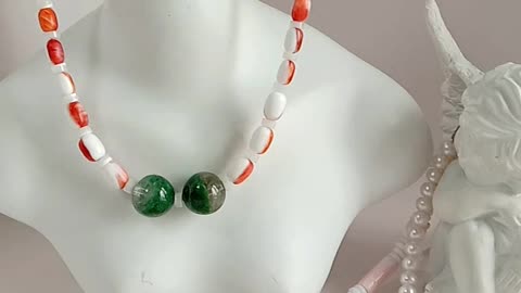Turquoise and faceted Amazonite orange spiny oyster mop green Ghost phantom quartz necklace 02
