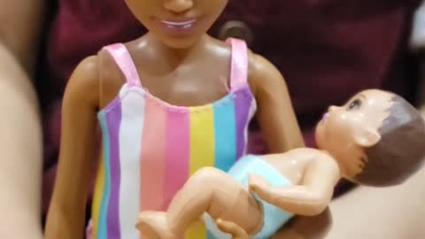 Little Girl Stella Opens New Barbie Skipper Babysitter Brunette Doll Toy