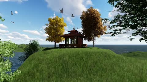 Japanese house in a meadow near the sea