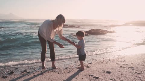 A Mother Helping His Son Collect Rocks From The Beach Shore