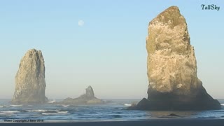 Moon Setting Over Cannon Beach, Oregon, Haystack Rock and Needles