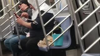 Guy wearing bunny rabbit ears playing ukulele and singing in subway train