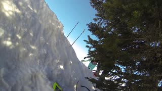 Gopro guy on green skiis crashes while going downhill