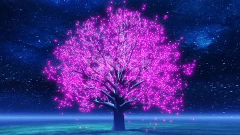 A Spinning Tree Below the Starry Sky Full of Purple Lights Particles