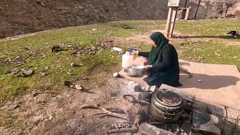 SIMPLE and AMAZING cooking soup by the nomadic woman in nature on firewood
