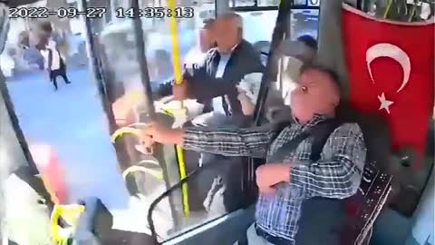 Sept 27th 2022- Turkish bus driver looks up into camera and then crashes through 4 vehicles.