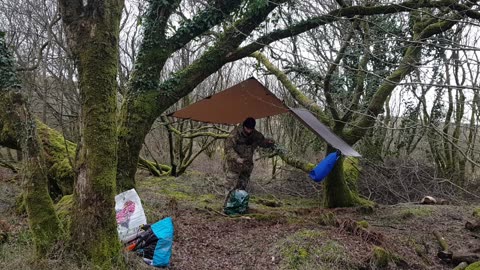 Taking down the Auxiliary line from underneath the Tarp. Dartmoor. 26th March 2023