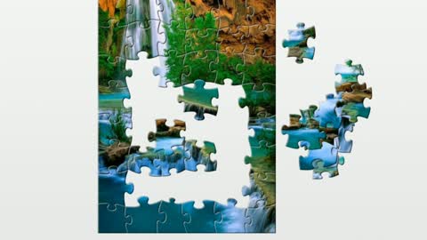 Puzzle. Waterfall falling from the mountains into the river. Beauty nature.