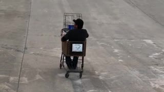 Guy inside brown shopping cart falls over