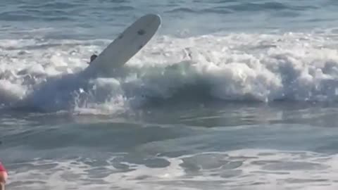 Woman flipped over by wave on board