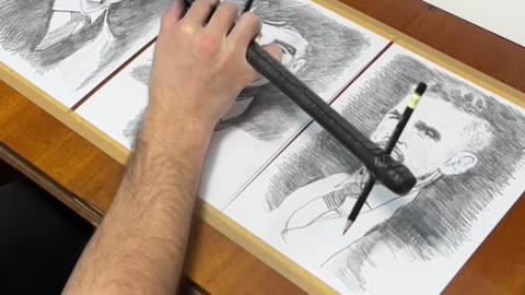 Artist Draws Three Portraits at the Same Time with One Hand