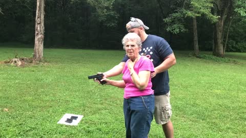 Grandma shoots a pistol for the first time!