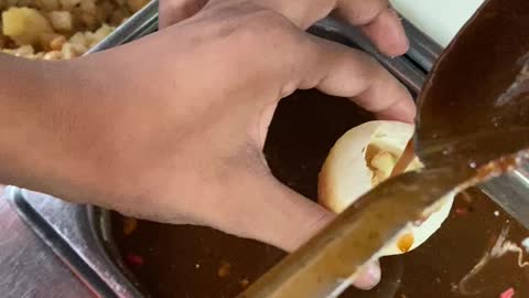 Hollowed semolina with Potato-Garbanzo mash and Cumin-Tamarind water