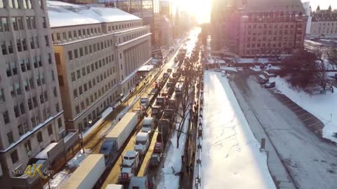 Ottawa: Drone view of freedom convoy truck rally at Parliament