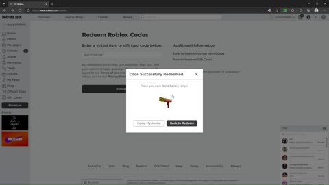 Redeeming Roblox virtual item codes.