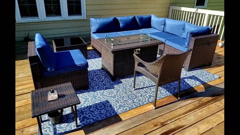 Gotland 8 Piece Outdoor Patio Furniture Set with Gas Fire Pit Table Patio Furniture Sectional S...