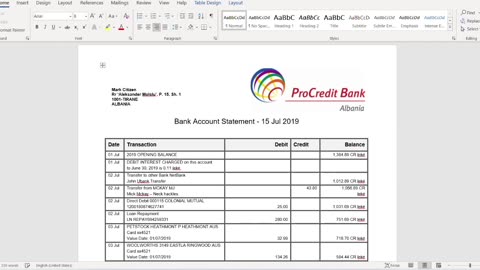 Albania ProCredit banking statement template in Word, Excel and PDF format