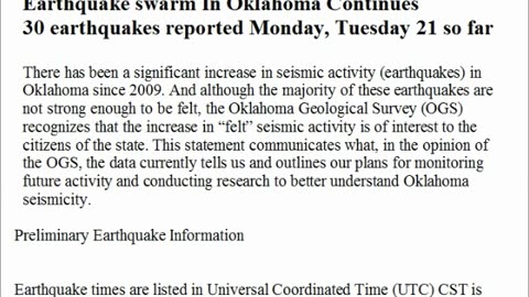 Oil Fracking EQ swarm In Oklahoma Continues
