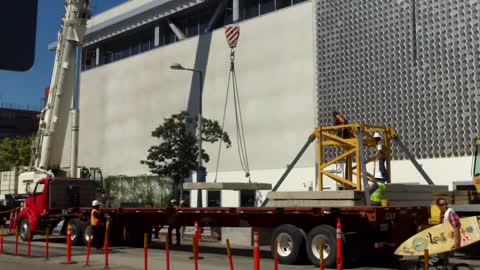 Truck-mounted crane at work in Santa Monica