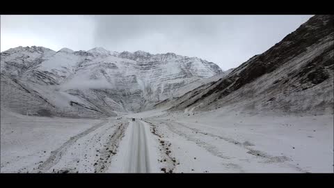 Drone shot of our drive through one of the remote mountains in winter