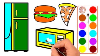Drawing and Coloring for Kids - How to Draw Fridge, Microwave, Burger, and Pizza