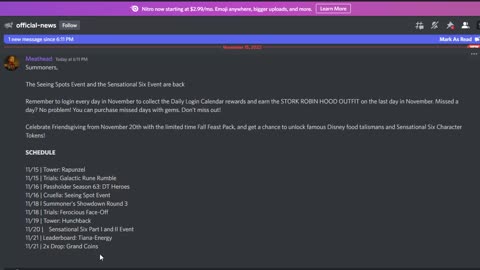 Disney Sorcerer's Arena- Discord notes November 15 2022 and 6 month new F2P account update