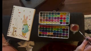 Water color : The mouse and Bunny share some tea.