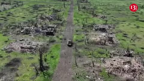 An image of a Russian artillery installation that was blown to pieces by a Ukrainian drone