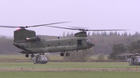 NH90, CH-47 Chinook, AH-64 Apache helicopters flying in close formation