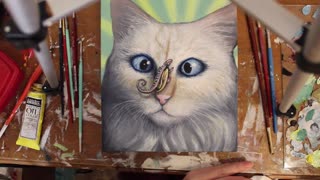 Cute White Cat and Dragon Oil Painting Timelapse