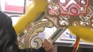 Two men carry lunar new year decorations on subway train