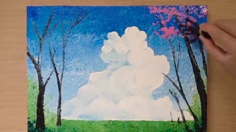 How to paint puffy clouds landscape _ Easy Masking tape painting