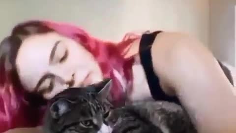 Cute Cat Sleeping with Girl