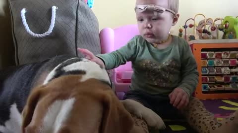 Little Girl Teaches Baby Sister How to Pet Dogs