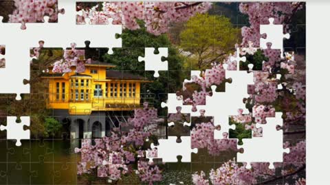 Puzzle. Cherry blossoms on the river bank near the house.