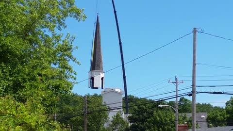 Crane Drops Church Steeple In Milton, Nova Scotia