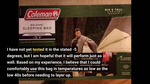 Real Comments: Coleman Big Game 0°F Big & Tall Sleeping Bag, Made from 100% Recycled Material,...