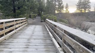 Crossing Wooden Bridge at Sunrise – Deschutes River – Central Oregon – 4K