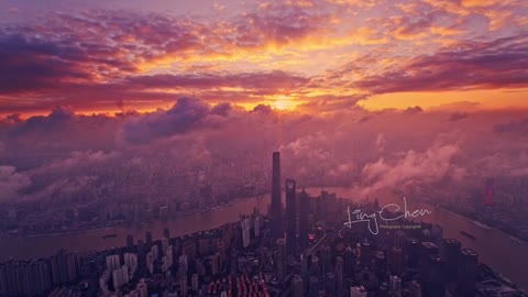 Aerial photo of sunset in Shanghai