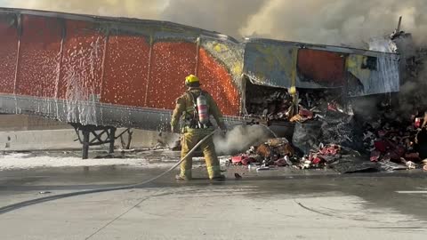 Massive Fire on Semi Truck Carrying Thousands of Shoes