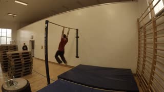 Gymnastics flip faceplant fail on navy pad