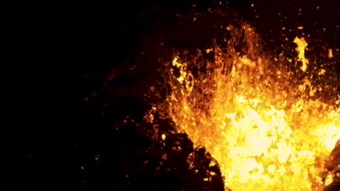 Volcano eruption in Iceland at night