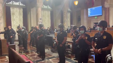 Riot police deployed after far-left extremists threatened to shut down LA city council meeting