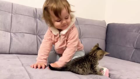 Cute Baby Meets New Baby Kitten For The First Time!