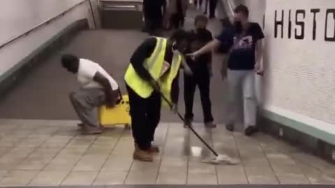 Homeless man poops in mop bucket