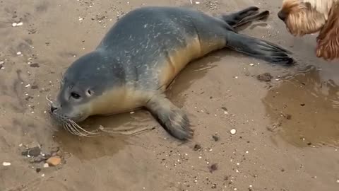 Dog has curious encounter with seal pup