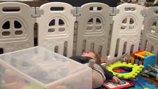 Wild Child Playing in Playpen Tumbles off Plastic Box