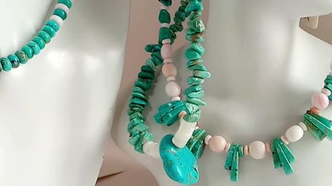 Beautiful Green Natural turquoise with pink shell roundle beads handmade necklace gift for him