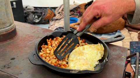 My Favorite Cast Iron Skillet Breakfast Over The Stove - Hot Tent Camping w/ My Dog In Rain & Sleet