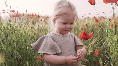 A beautiful girl is smelling a flower .